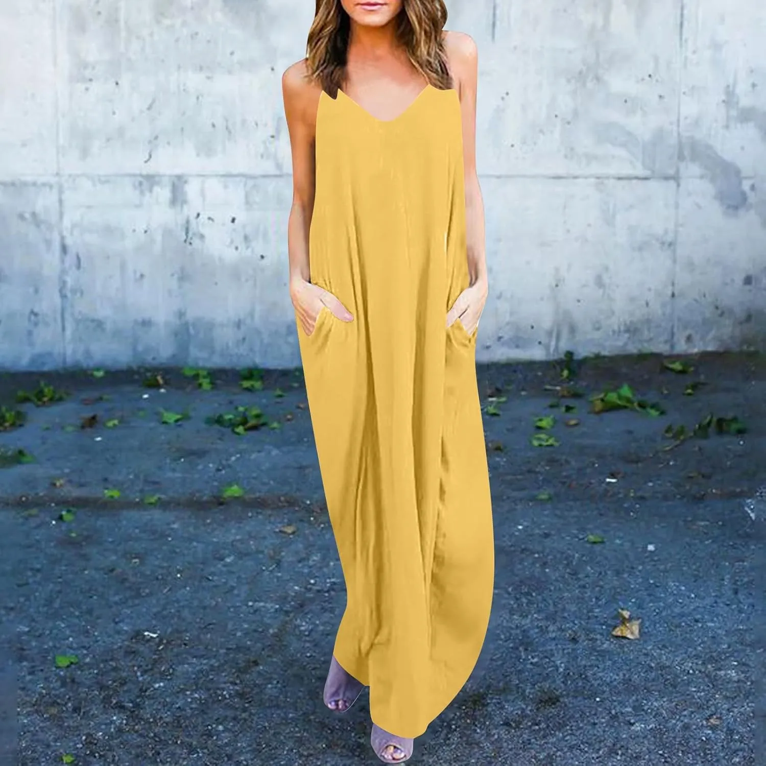 PTOLOCIF Dresses for Women 2025 Spaghetti Strap Backless Beach Tank Dress Casual Flowy Tired V Neck Maxi Dress with Pockets
