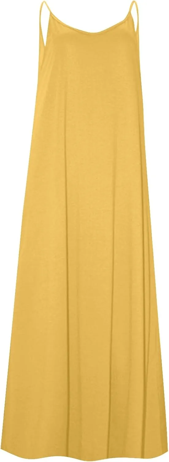 PTOLOCIF Dresses for Women 2025 Spaghetti Strap Backless Beach Tank Dress Casual Flowy Tired V Neck Maxi Dress with Pockets