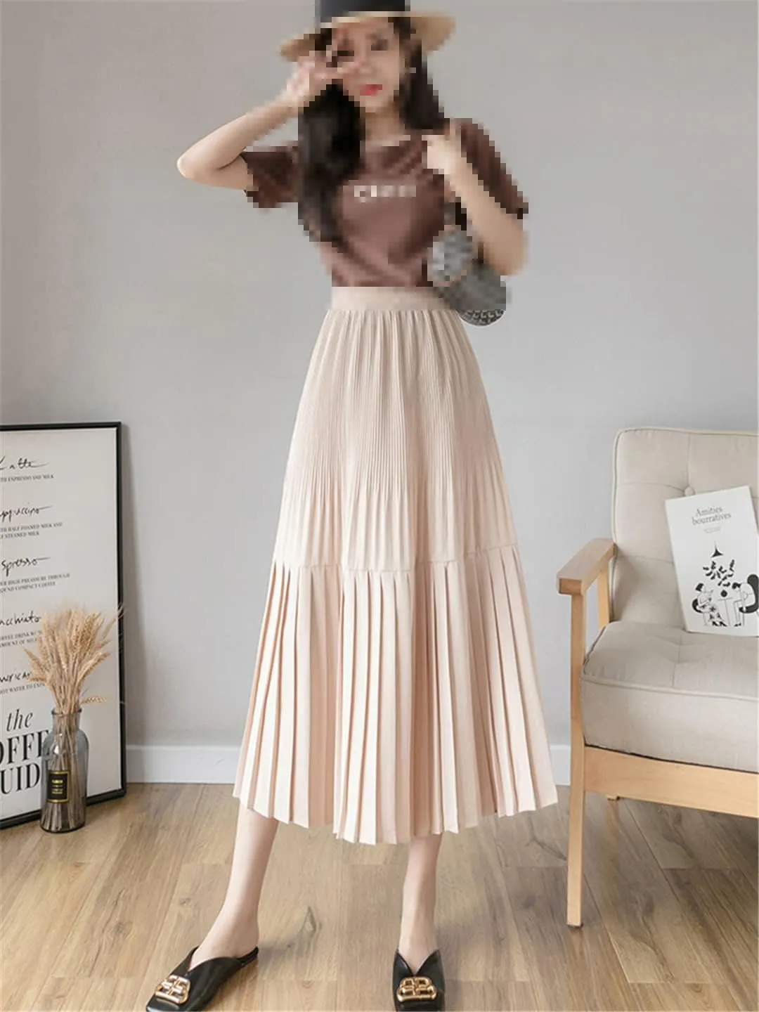 Pulcykp Casual Pleated Midi Skirt for Women Spring Summer Solid High Waist Long Yellow Skirt