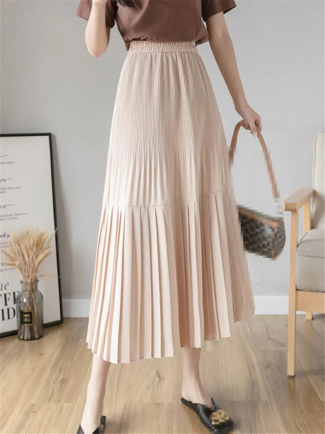 Pulcykp Casual Pleated Midi Skirt for Women Spring Summer Solid High Waist Long Yellow Skirt