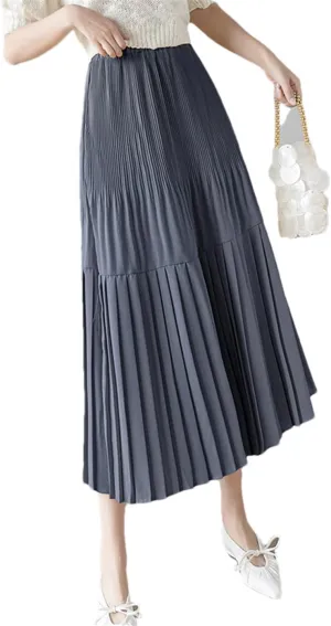 Pulcykp Casual Pleated Midi Skirt for Women Spring Summer Solid High Waist Long Yellow Skirt