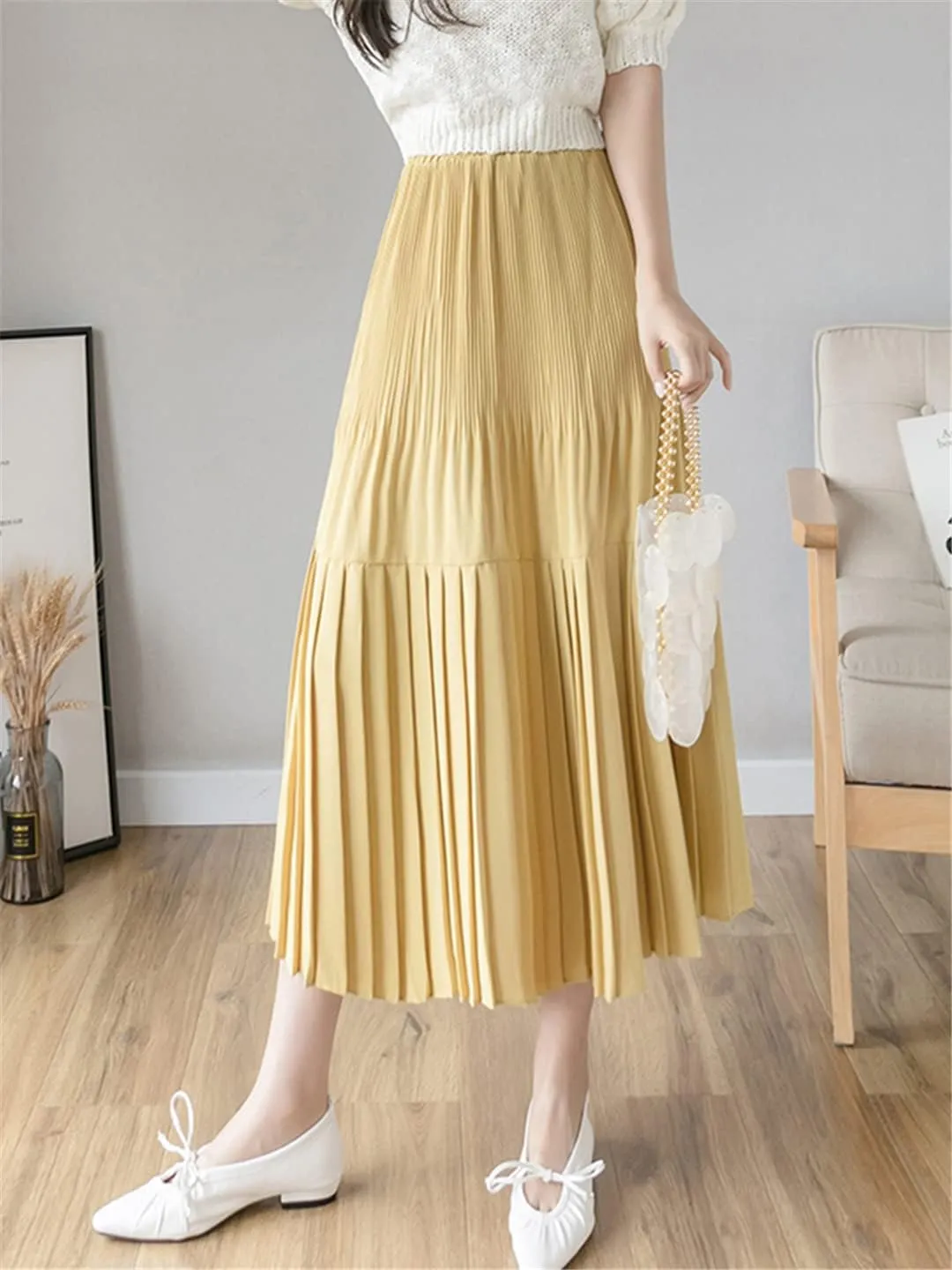 Pulcykp Casual Pleated Midi Skirt for Women Spring Summer Solid High Waist Long Yellow Skirt
