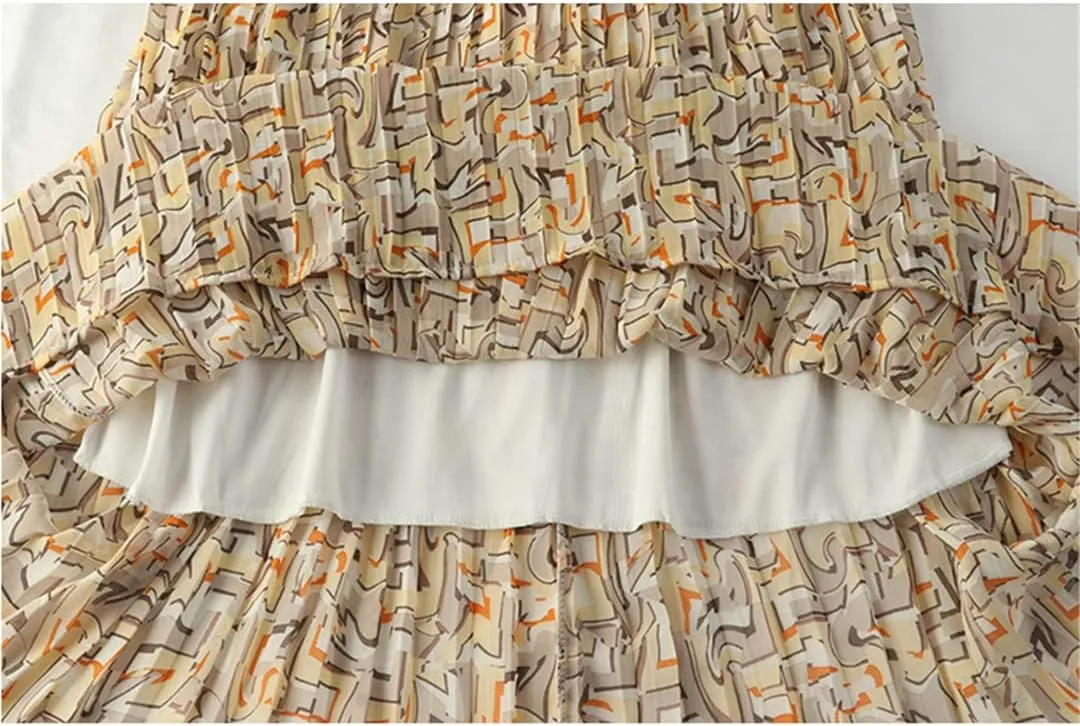 Pulcykp Chiffon Mid-Length Pleated Skirt Women Summer Print A Line High Waist Midi Skirt