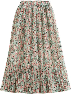 Pulcykp Chiffon Mid-Length Pleated Skirt Women Summer Print A Line High Waist Midi Skirt