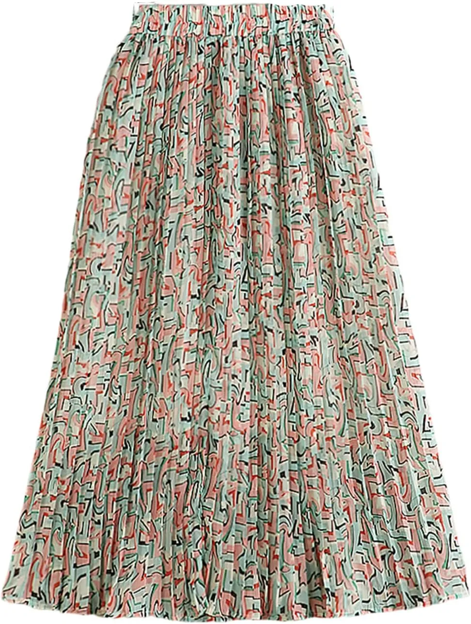 Pulcykp Chiffon Mid-Length Pleated Skirt Women Summer Print A Line High Waist Midi Skirt