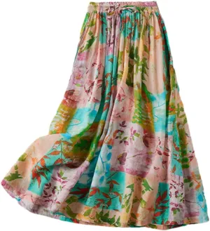 Pulcykp Cotton Linen Long Skirt Women Floral Print Belt Pocket Lined A Line High Waist Maxi Skirt