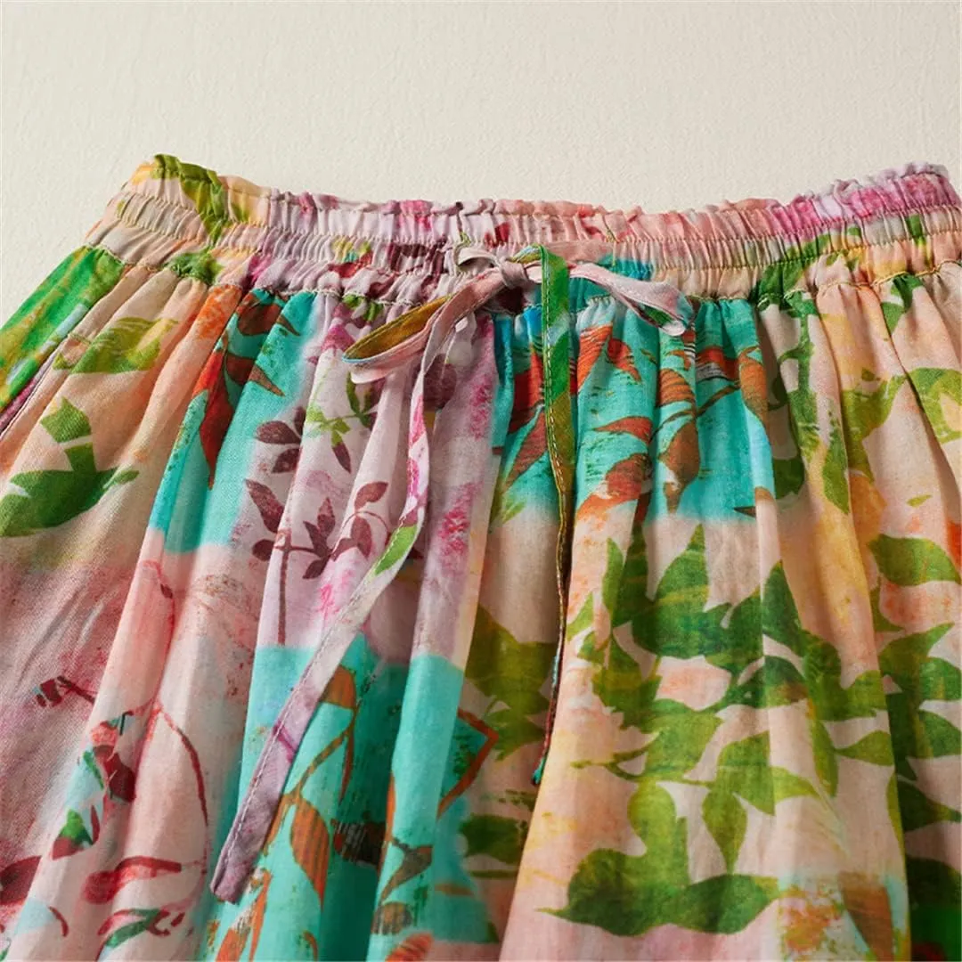 Pulcykp Cotton Linen Long Skirt Women Floral Print Belt Pocket Lined A Line High Waist Maxi Skirt