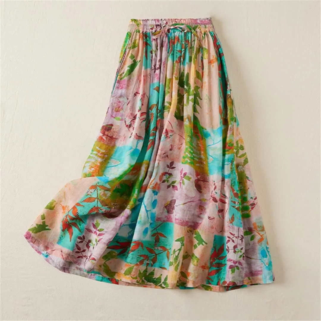 Pulcykp Cotton Linen Long Skirt Women Floral Print Belt Pocket Lined A Line High Waist Maxi Skirt