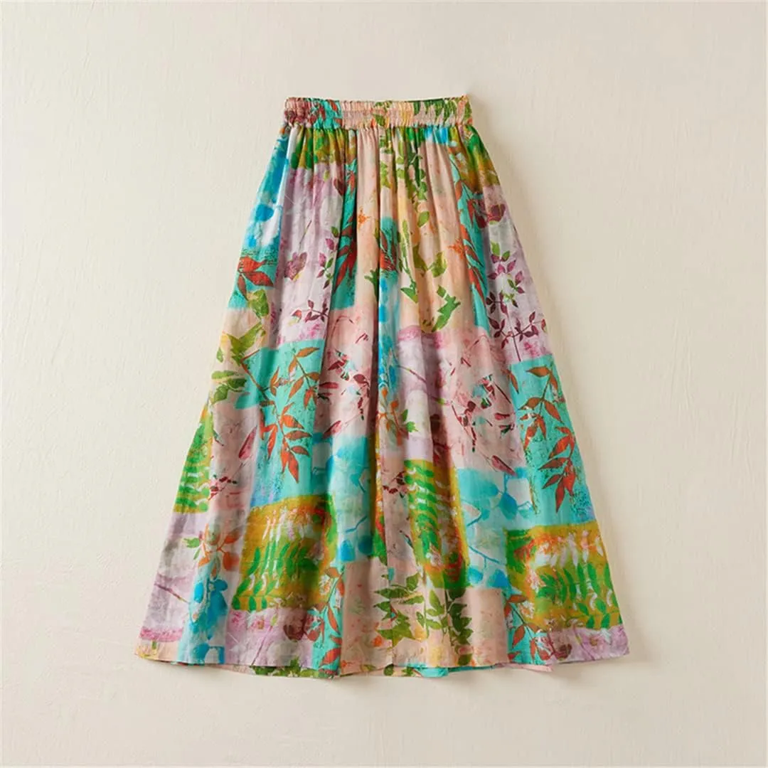 Pulcykp Cotton Linen Long Skirt Women Floral Print Belt Pocket Lined A Line High Waist Maxi Skirt