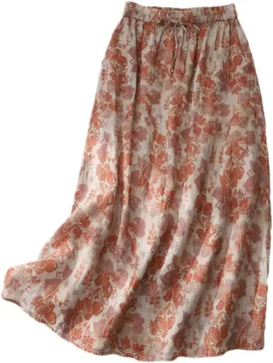 Pulcykp Cotton Linen Long Skirt Women Floral Print Belt Pocket Lined A Line High Waist Maxi Skirt