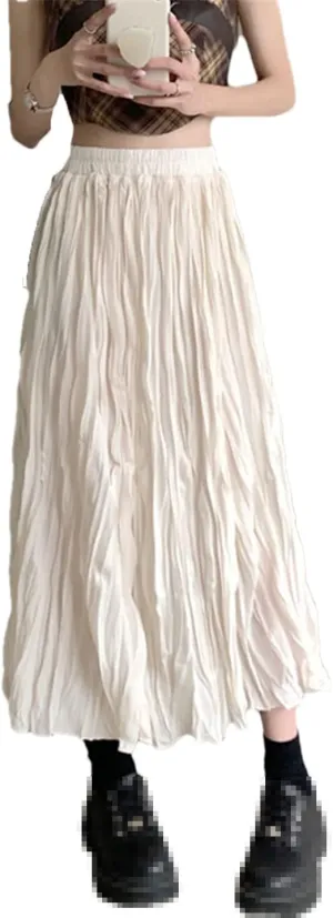 Pulcykp Folds Long Skirt Women Spring Summer Casual Solid High Waist Pleated Midi Skirt