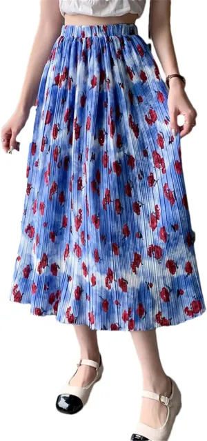 Pulcykp Pleated Midi Skirt Women Spring Summer Floral Print A Line High Waist Long Skirt