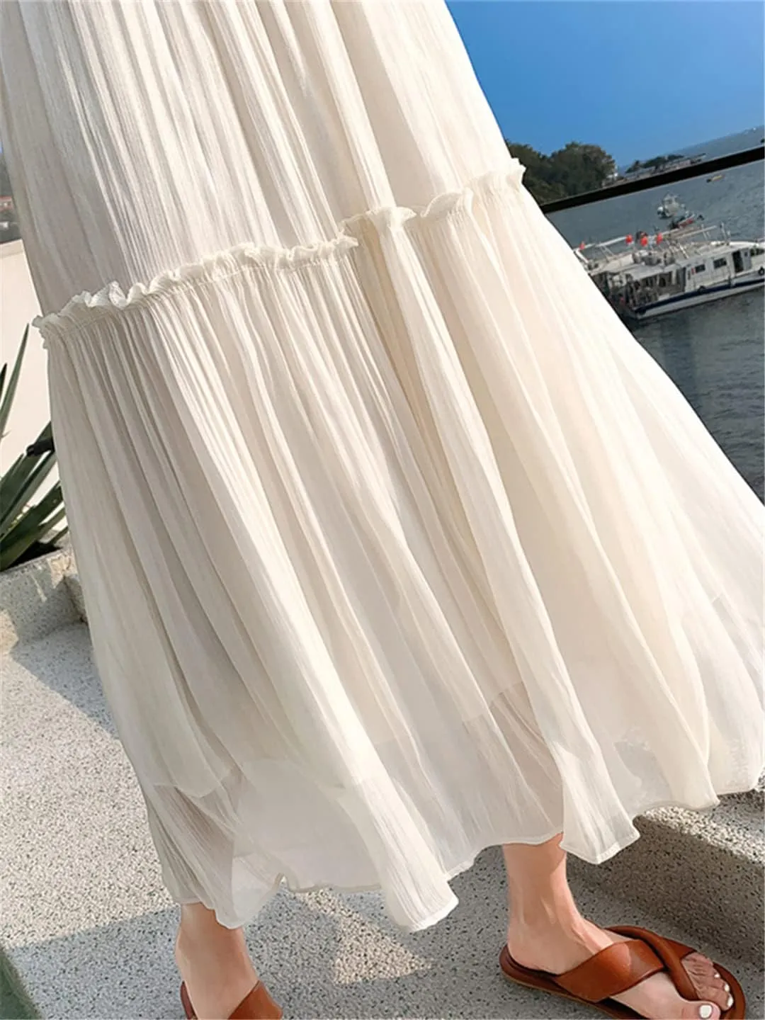 Pulcykp Pleated Midi Skirt Women Spring Summer Solid High Waist Mid-Length Skirt