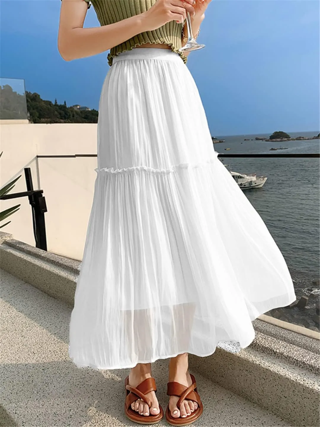 Pulcykp Pleated Midi Skirt Women Spring Summer Solid High Waist Mid-Length Skirt