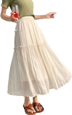 Pulcykp Pleated Midi Skirt Women Spring Summer Solid High Waist Mid-Length Skirt