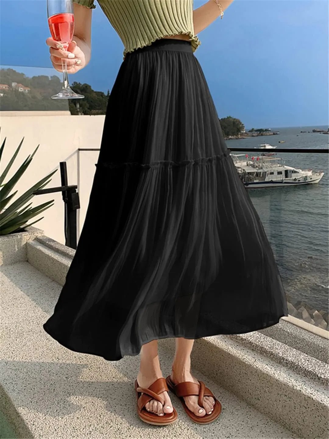 Pulcykp Pleated Midi Skirt Women Spring Summer Solid High Waist Mid-Length Skirt