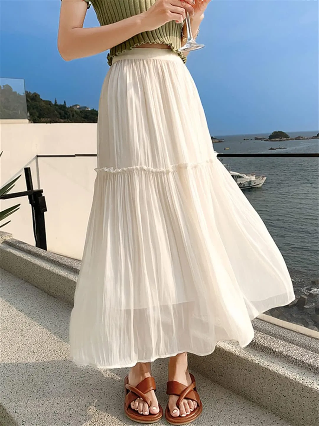 Pulcykp Pleated Midi Skirt Women Spring Summer Solid High Waist Mid-Length Skirt