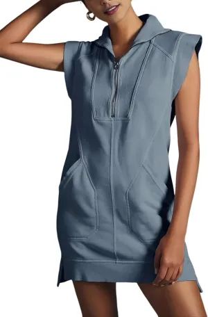 Qiaomai Womens Half Zip Sweatshirt Dresses Summer V Neck Sleeveless Pullover Tunic Tops Mini Dress