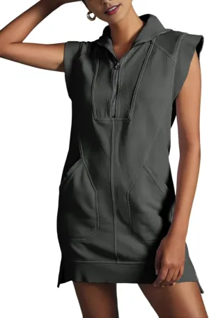 Qiaomai Womens Half Zip Sweatshirt Dresses Summer V Neck Sleeveless Pullover Tunic Tops Mini Dress