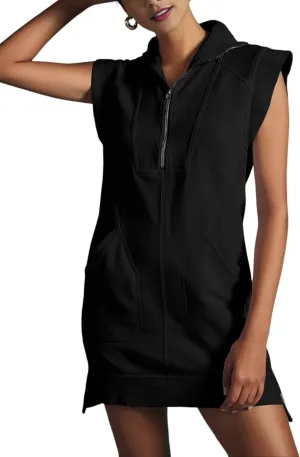 Qiaomai Womens Half Zip Sweatshirt Dresses Summer V Neck Sleeveless Pullover Tunic Tops Mini Dress