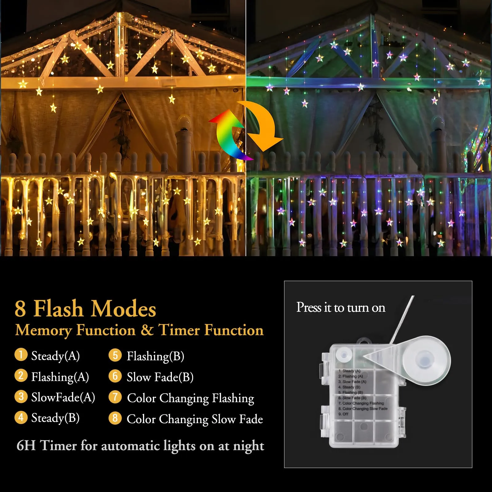 Quntis 76LED 9 Star Christmas Window Lights with Timer & 8 Mode, Waterproof Star Lights String for Diwali Christmas Decorations Outdoor Indoor