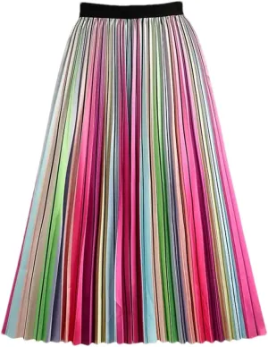 Rainbow Striped Pleated Long Skirt Women Spring Summer A Line High Waist Midi Skirt