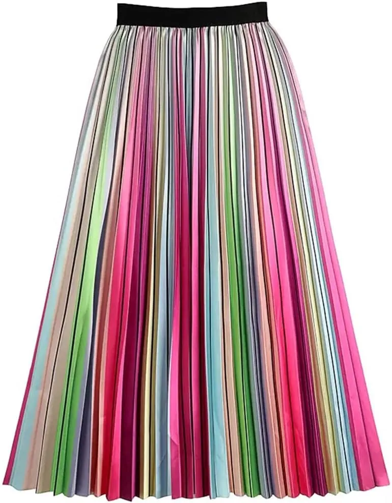 Rainbow Striped Pleated Long Skirt Women Spring Summer A Line High Waist Midi Skirt