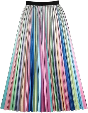 Rainbow Striped Pleated Long Skirt Women Spring Summer A Line High Waist Midi Skirt