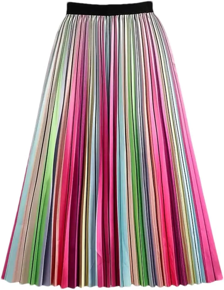 Rainbow Striped Pleated Long Skirt Women Spring Summer A Line High Waist Midi Skirt