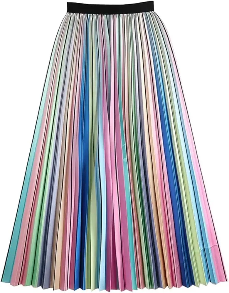 Rainbow Striped Pleated Long Skirt Women Spring Summer A Line High Waist Midi Skirt