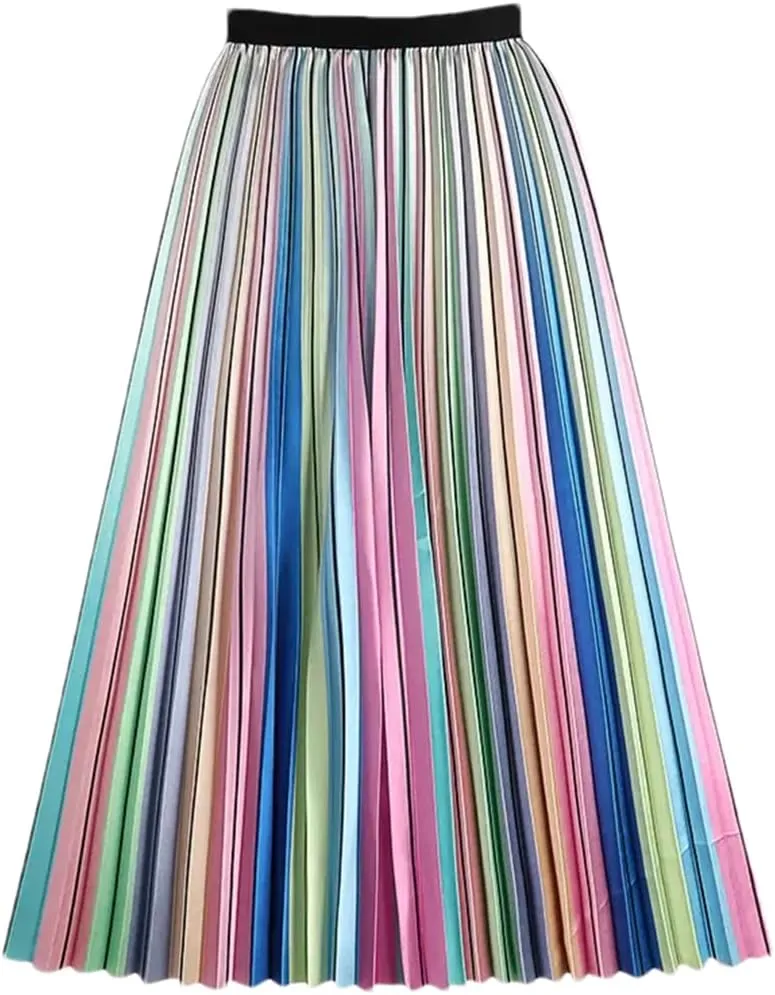 Rainbow Striped Pleated Long Skirt Women Spring Summer A Line High Waist Midi Skirt