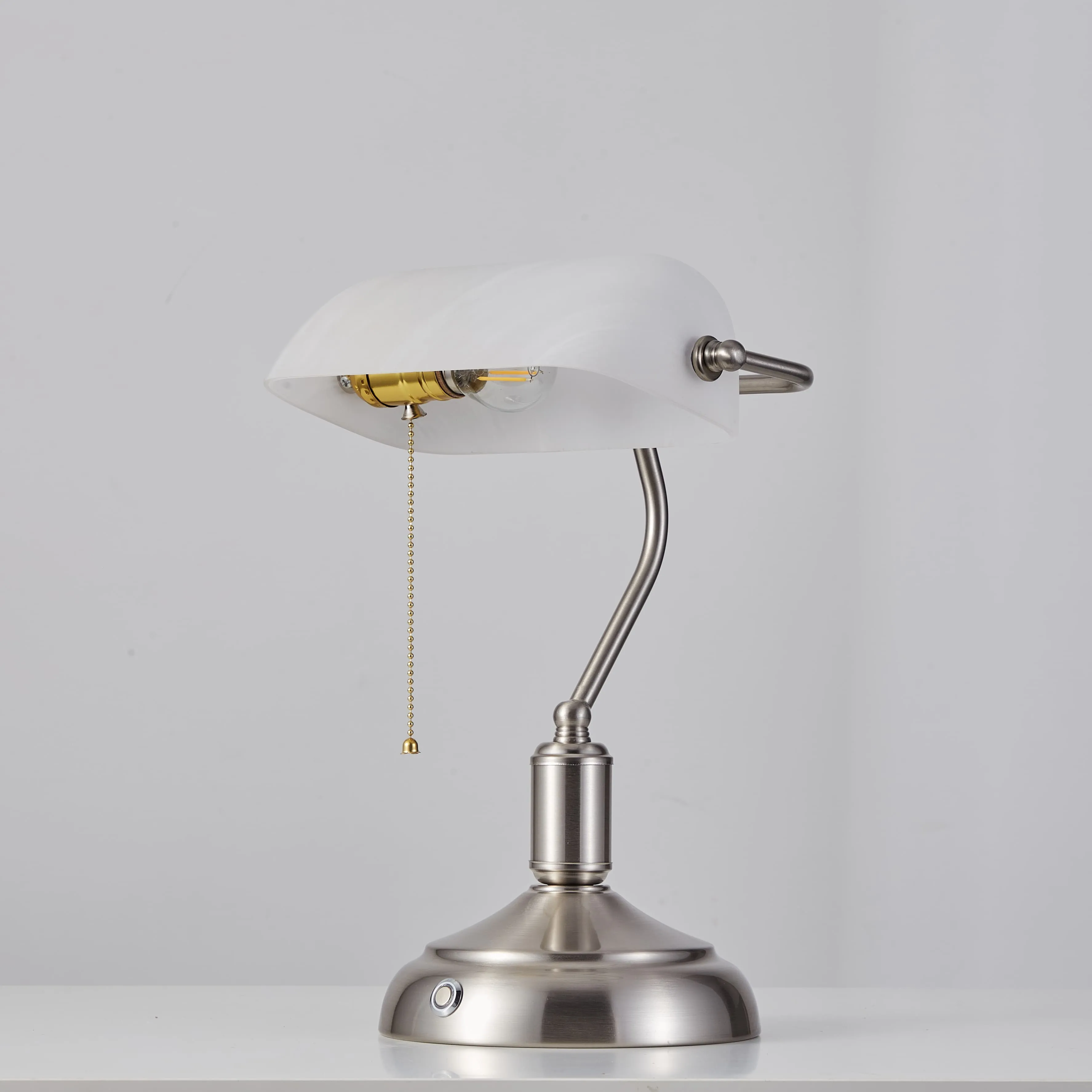 Rechargeable Bankers Light with White Glass Shade - Brushed Nickel