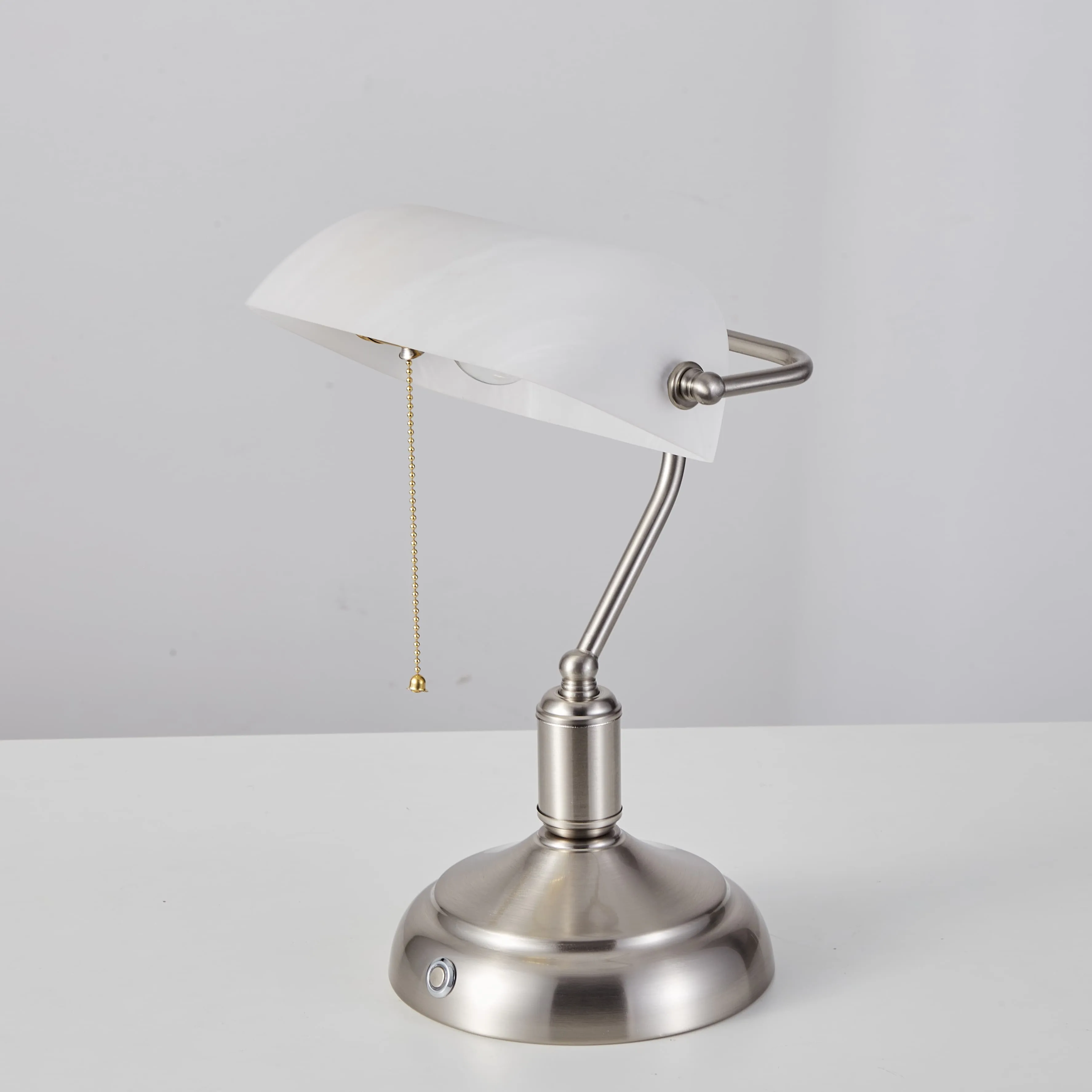 Rechargeable Bankers Light with White Glass Shade - Brushed Nickel