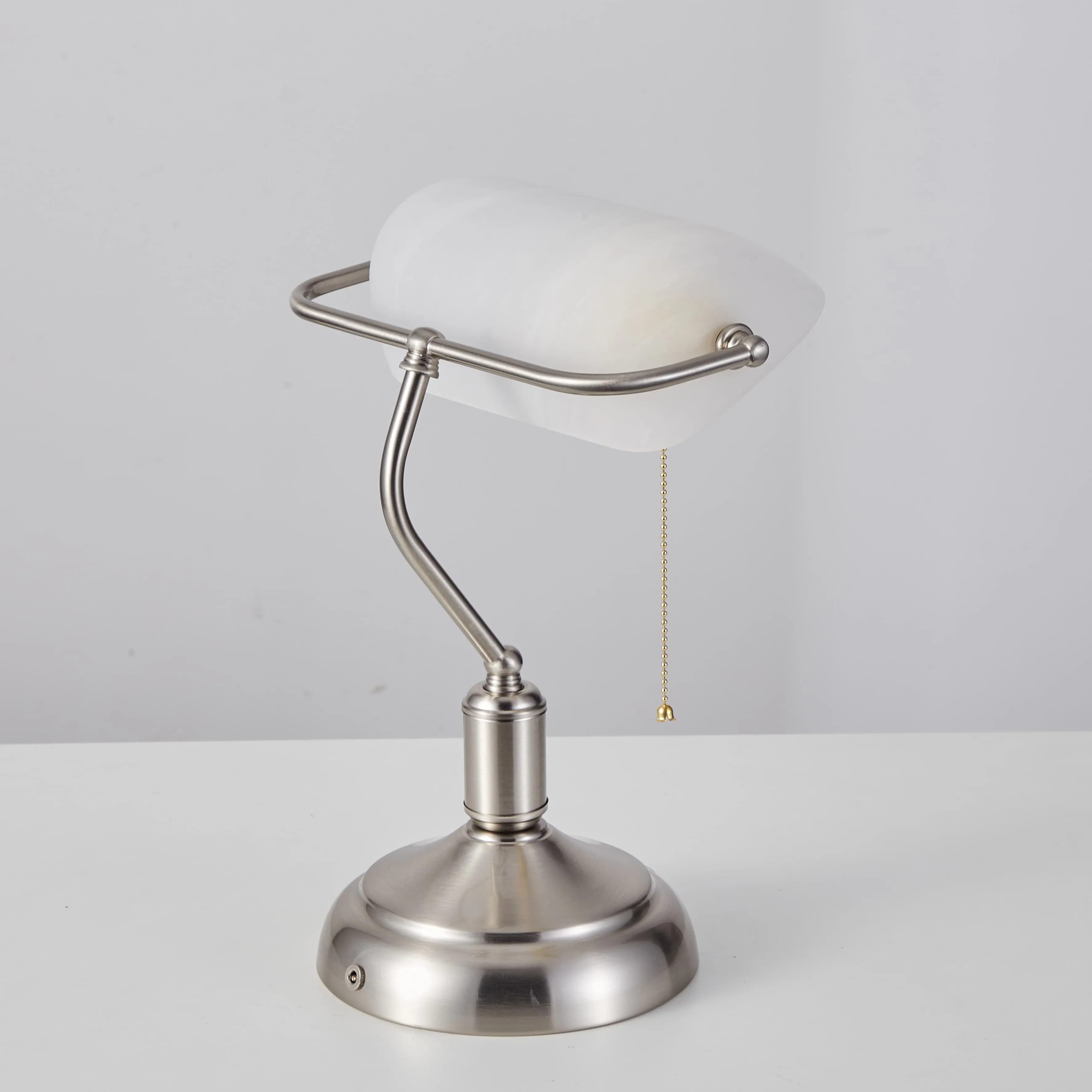 Rechargeable Bankers Light with White Glass Shade - Brushed Nickel