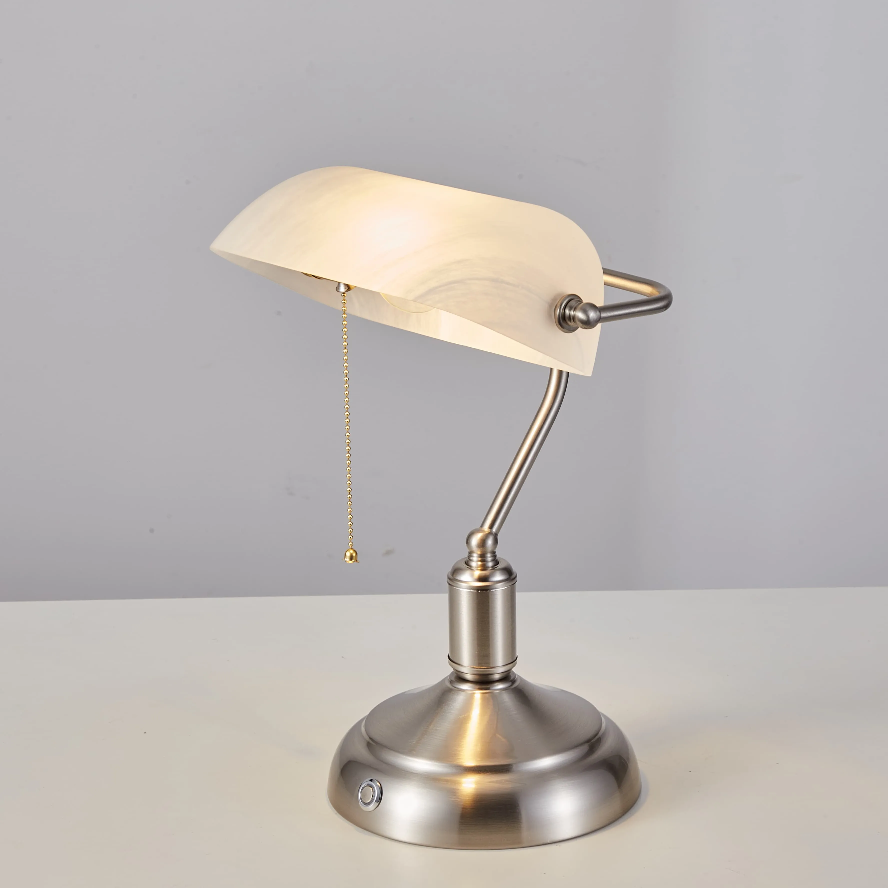 Rechargeable Bankers Light with White Glass Shade - Brushed Nickel