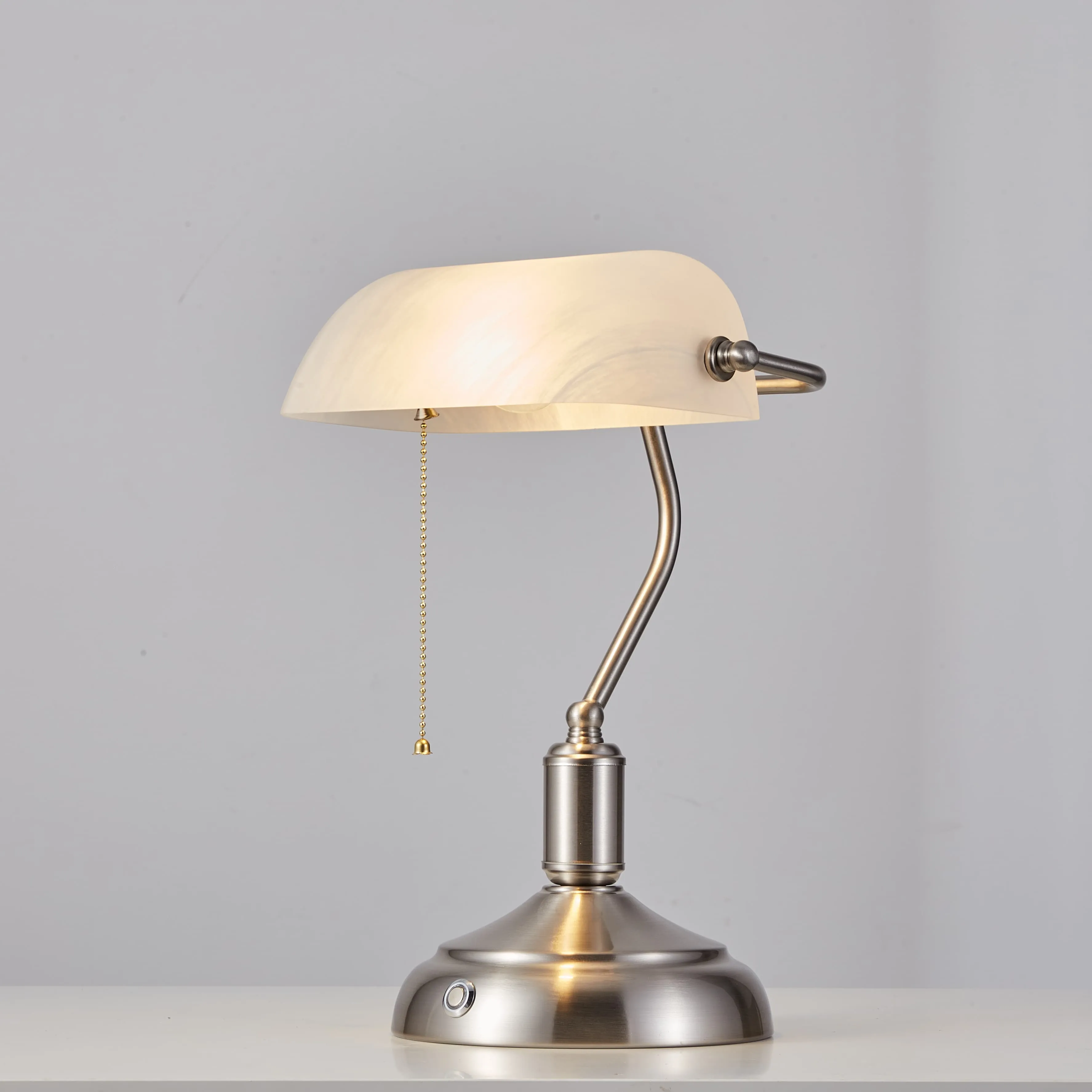 Rechargeable Bankers Light with White Glass Shade - Brushed Nickel