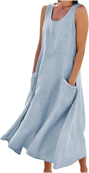 RKSTN Women Plain Cotton Linen Dresses Summer Sleeveless Maxi Dress Boho Casual Plus Size Loose Fit Long Dress with Pockets