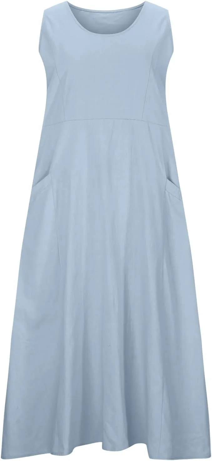 RKSTN Women Plain Cotton Linen Dresses Summer Sleeveless Maxi Dress Boho Casual Plus Size Loose Fit Long Dress with Pockets