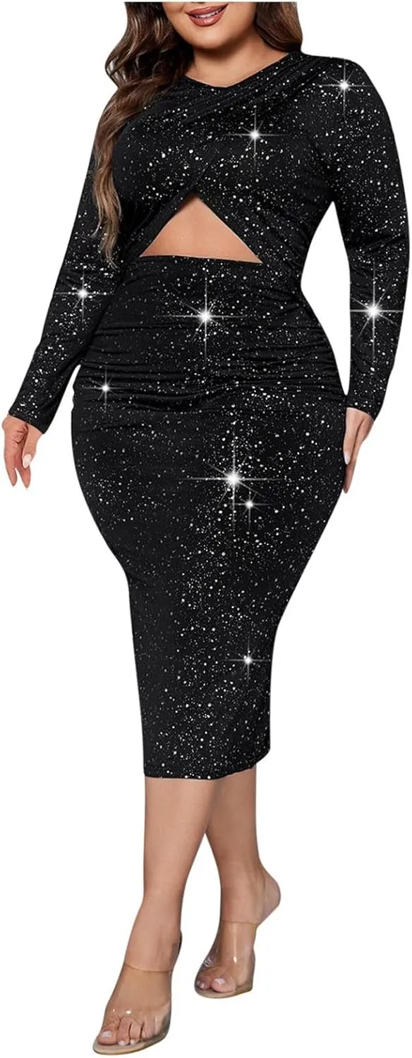 RKSTN Women's Plus Size Sequin Dresses Long Sleeve Slit Dress Sexy Hollow Prom Ball Gowns Sparkly Temperament Dress