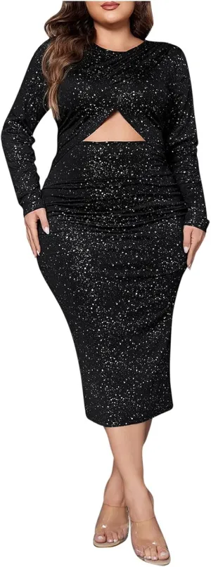 RKSTN Women's Plus Size Sequin Dresses Long Sleeve Slit Dress Sexy Hollow Prom Ball Gowns Sparkly Temperament Dress