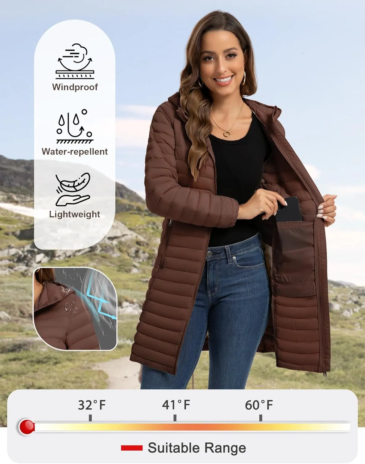 ROYAL MATRIX Packable Puffer Jacket for Women Lightweight Hooded Quilted Long Travel Puffer Coat