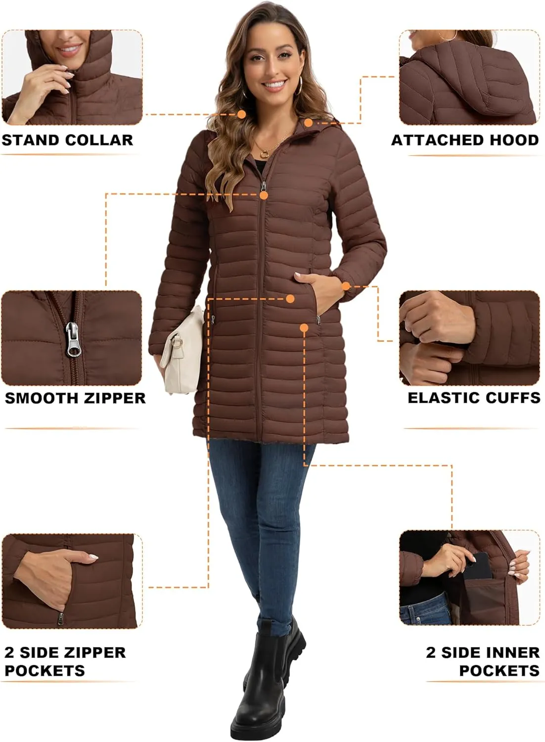 ROYAL MATRIX Packable Puffer Jacket for Women Lightweight Hooded Quilted Long Travel Puffer Coat
