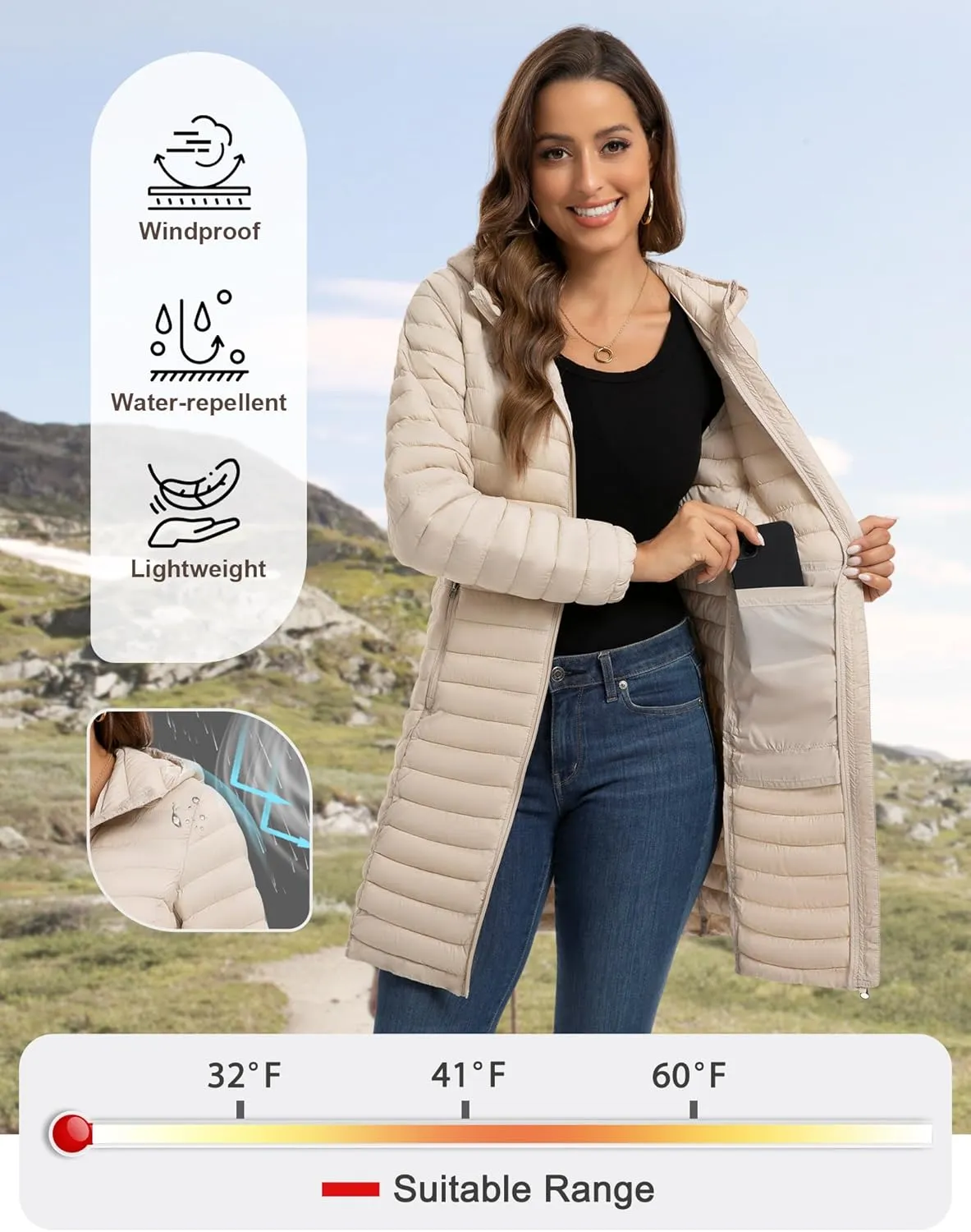ROYAL MATRIX Packable Puffer Jacket for Women Lightweight Hooded Quilted Long Travel Puffer Coat