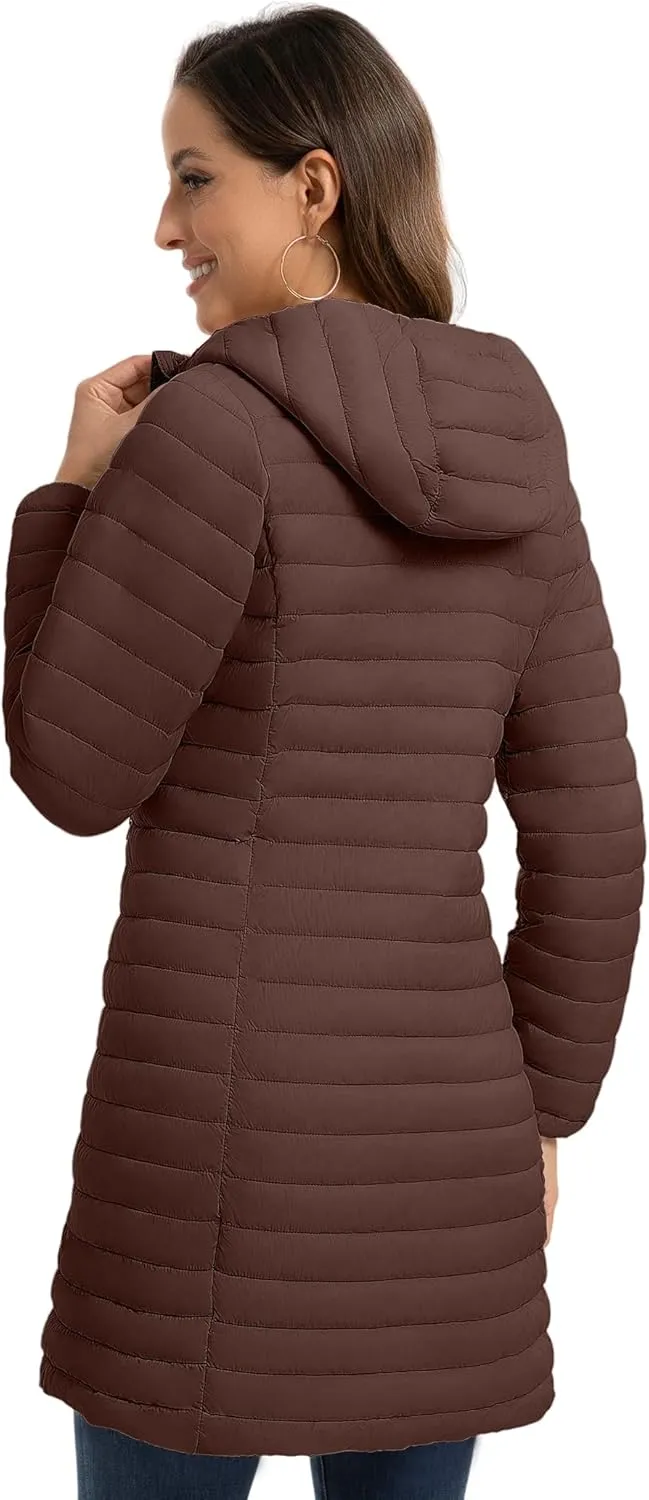 ROYAL MATRIX Packable Puffer Jacket for Women Lightweight Hooded Quilted Long Travel Puffer Coat
