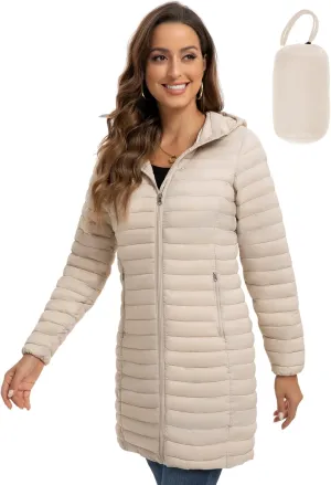 ROYAL MATRIX Packable Puffer Jacket for Women Lightweight Hooded Quilted Long Travel Puffer Coat