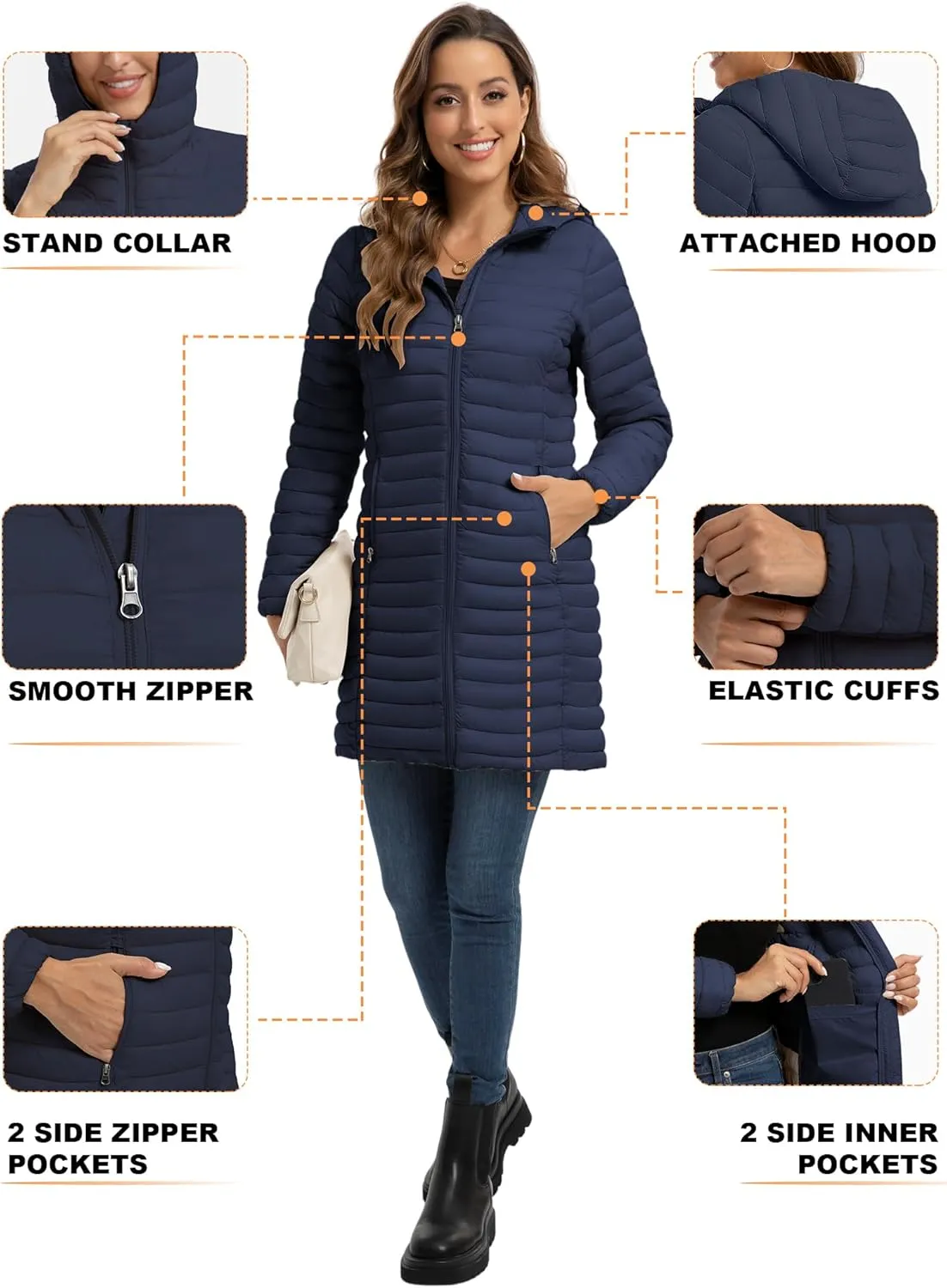 ROYAL MATRIX Packable Puffer Jacket for Women Lightweight Hooded Quilted Long Travel Puffer Coat