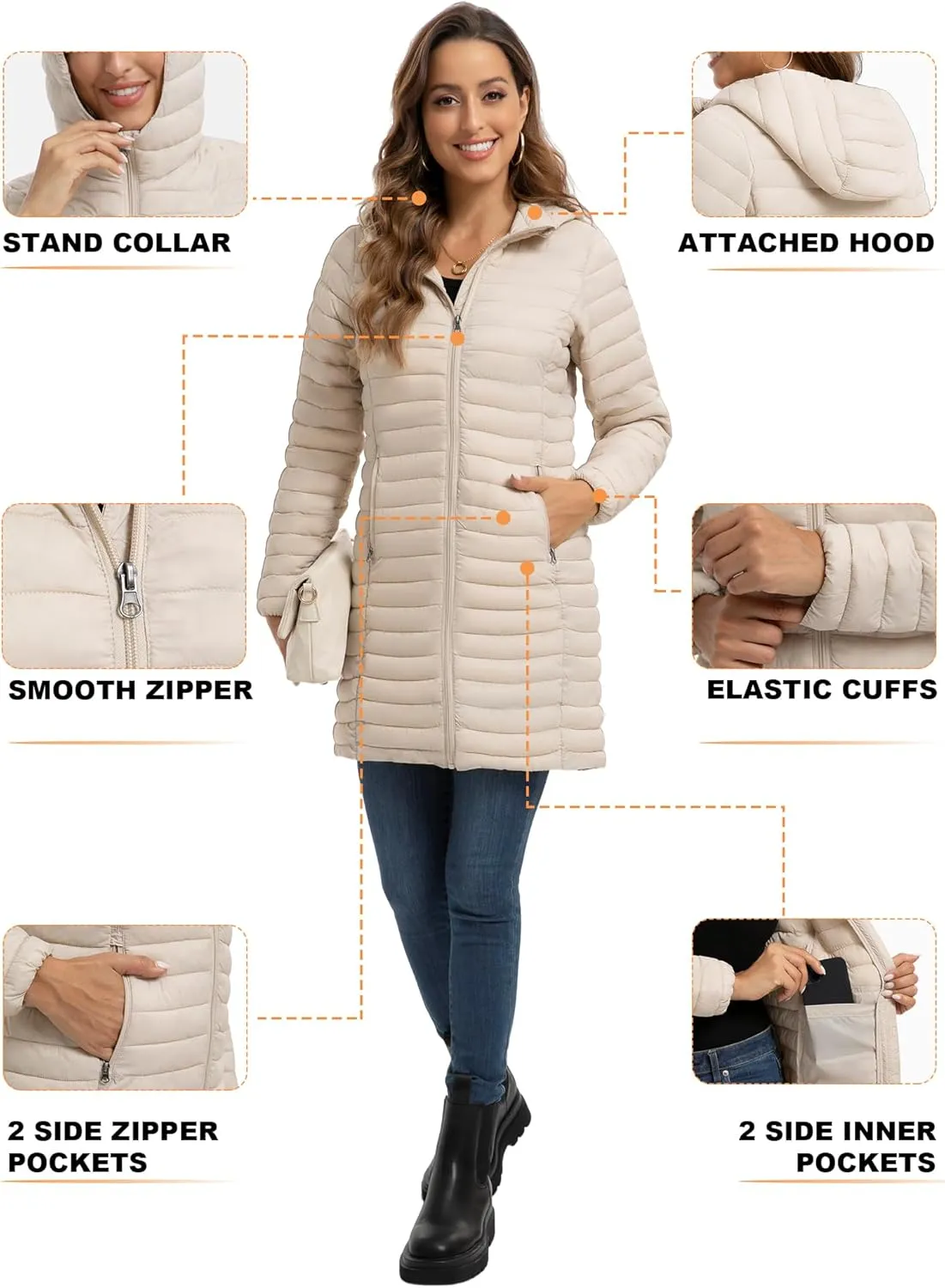 ROYAL MATRIX Packable Puffer Jacket for Women Lightweight Hooded Quilted Long Travel Puffer Coat