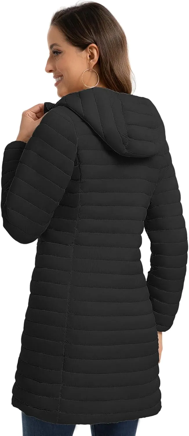 ROYAL MATRIX Packable Puffer Jacket for Women Lightweight Hooded Quilted Long Travel Puffer Coat