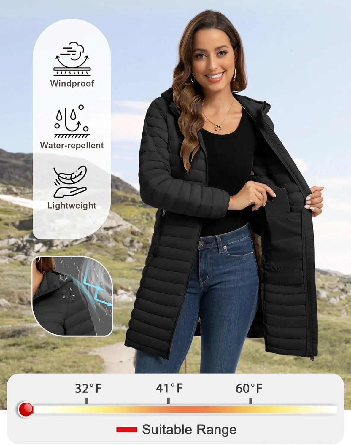 ROYAL MATRIX Packable Puffer Jacket for Women Lightweight Hooded Quilted Long Travel Puffer Coat