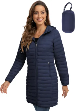 ROYAL MATRIX Packable Puffer Jacket for Women Lightweight Hooded Quilted Long Travel Puffer Coat